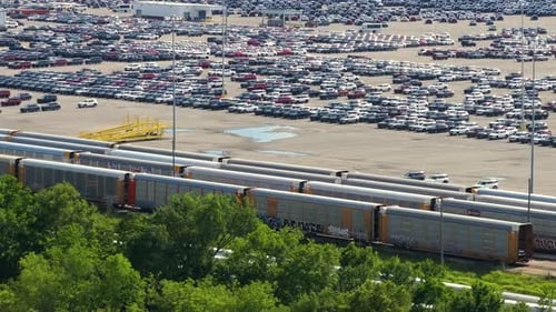 Automotive Industry Import or Export of New Cars By Rail Train Auto Racks at Production Factory