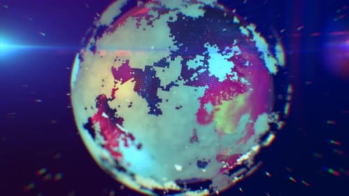 Eine digitale Darstellung der Erde in kühlen Tönen mit pixeligen Mustern und futuristischer blauer Beleuchtung