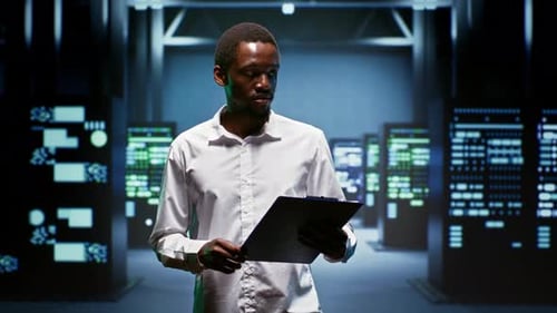 Un ingénieur effectue la maintenance du centre de données