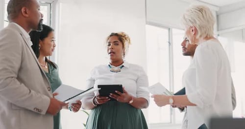 Data analytics, startup or business people with tablet for social media feedback