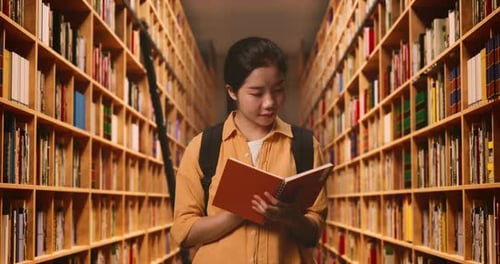 Asian Woman Student With A Backpack Holding And Reading A Book While Standing In The Library