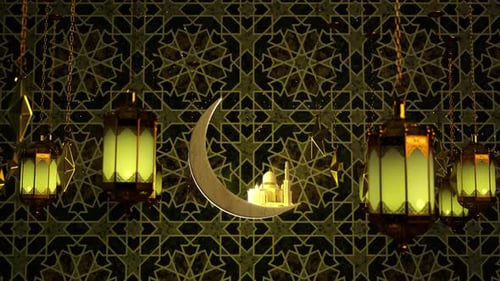 Ramadan Eid Mubarak Golden Lanterns and Moon Background