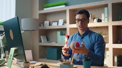 Friendly Freelancer Videocalling Computer at Office. Closeup Smiling Man Leading Presentation Explai