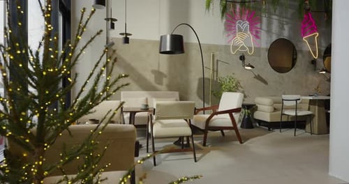 Interior Of Cozy Family Restaurant In Christmas Holidays Nobody In Hall Zooming Shot