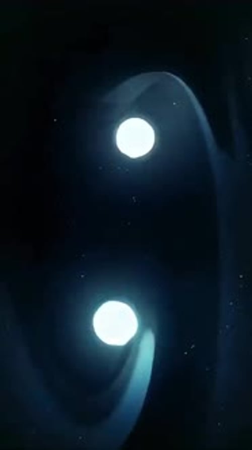 Deux particules atomiques blanches tournent l'une autour de l'autre et fusionnent finalement