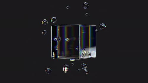 Metaball liquid transparent iridescent blobs with rotating cube.