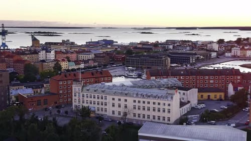 Aerial view of Kalmar buildings and water, Kalmar, Sweden.