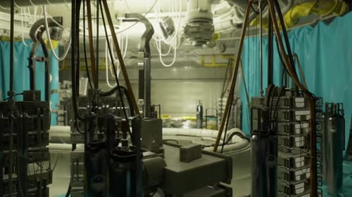Forschungslabor: Einrichtung eines Labors mit blauen Vorhängen und Geräten