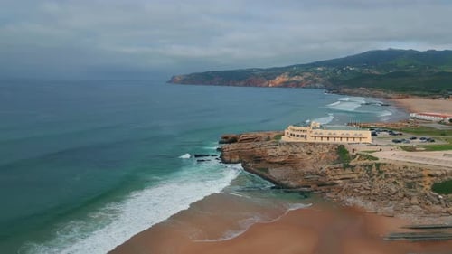 Sea Washing Touristic Coast Drone Shot Waves Gently Touching Sandy Coastline