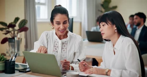 Teamwork, discussion and women with laptop, happy and explanation for intern with project