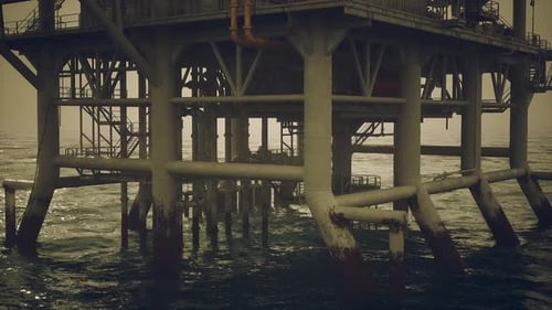 Construction and Maintenance Activities on an Oil Rig in a Calm Sea Setting