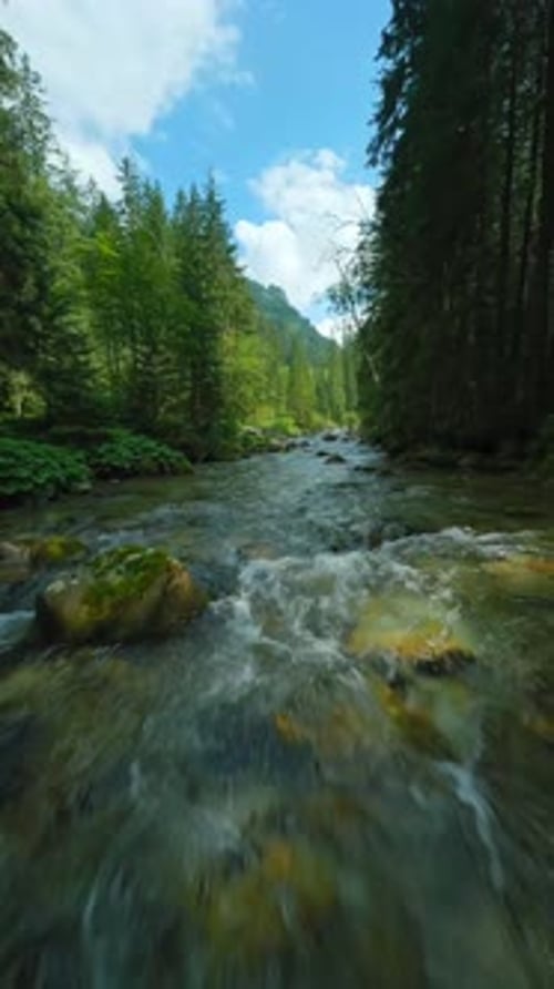 Flug über einen Gebirgsfluss, aufgenommen mit einer FPV-Drohne, Tatra-Gebirge, Slowakei