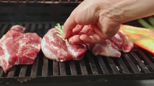 The Chef Puts Rosemary on the Grilled Meat Steak