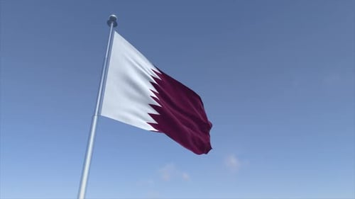 Realistic Qatar Flag Waving In Blue Sky Loop