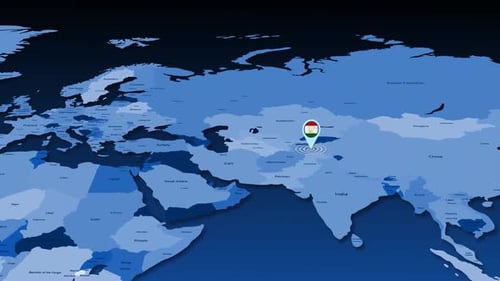 Animated World Map Pinpointing Tajikistan Location Flag