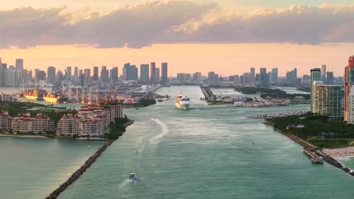 Big Passenger Cruise Liner Ship Departing at Main Channel in Miami Harbor Near South Beach High