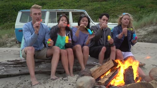 Group of Friends at Beach Hanging Out by Campfire Blowing Bubbles Beach