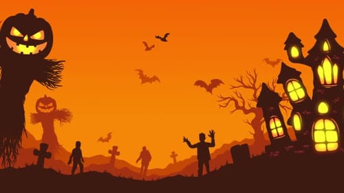 Spooky Halloween Animated Background with Haunted House and Scarecrows