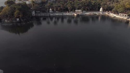 Lake side View from Gangaur Ghat to The Leela Palace Udaipur over Lake Pichola in Udaipur, Rajasthan