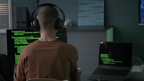 Young Male Programmer in Headphones Typing Program Code in Night Office