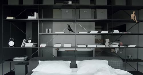 Appartement moderne avec concept ouvert et mezzanine, lit intérieur, baignoire et étagère