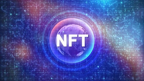 NFT Concept on Futuristic Cyberspace Background with HUD, Numbers, and Globe