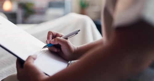 Person, hands and writing with medical form for clinic registration, application or health survey