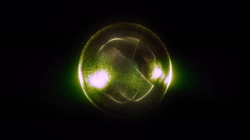 Green glittering energy sphere with luminous core and shimmering particles