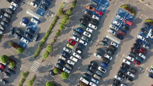 Aerial Drone Flight Parking Near Big Shopping Mall in City Car Traffic Parking Overhead Drone Top