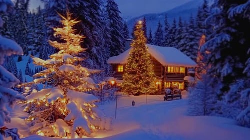 Eine gemütliche Winterhütte, wunderschön eingebettet zwischen den schneebedeckten Pinien, perfekt für erholsame Rückzugsorte