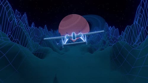 Nave espacial retrofuturista que sobrevuela montañas con estructura metálica de neón hacia un planeta anillado, VJ Loop