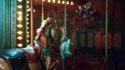 Empty Amusement Park Carousel at Night with Colorful Lights and Shadows