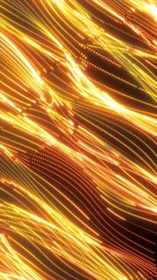 Les ondes lumineuses dorées dynamiques formées par des particules brillantes créent un fond énergétique abstrait vibrant