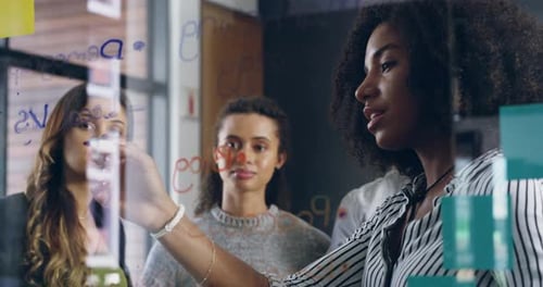 Brainstorming, writing and business people planning, schedule or calendar on sticky note in office