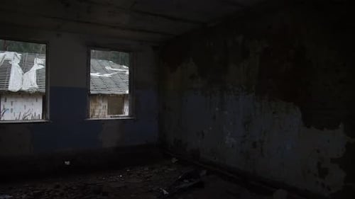 Ruined Abandoned Space Empty Plastered Interior With Shattered Roofing Light Abandoned And Crumbling