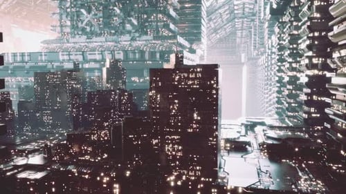 Futuristisches Stadtbild am Himmel, das fortschrittliche Architektur und Technologie zeigt