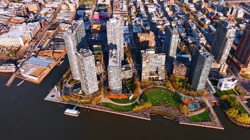 High-rise buildings on the waterfront area of Long Island in New York.
