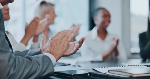 Applause, meeting and business people in seminar, workshop or conference with team success