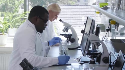 Wissenschaftler und Studenten, die im Labor arbeiten, Doktor unterrichten Praktikanten, um ein analytisches Forschungslabor zu machen