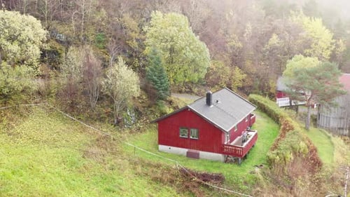 Aerial View Of Countryside House At The Rural Area In Norway.