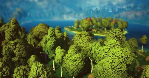 Lush Green Trees Surround Calm Water in a Serene Landscape at Midday