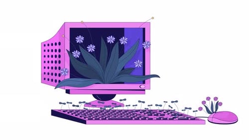 Animação 2D de linha de computador vintage com plantas em crescimento
