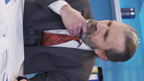 Vertical Video of Experienced senior mature businessman brainstorming on project in office.