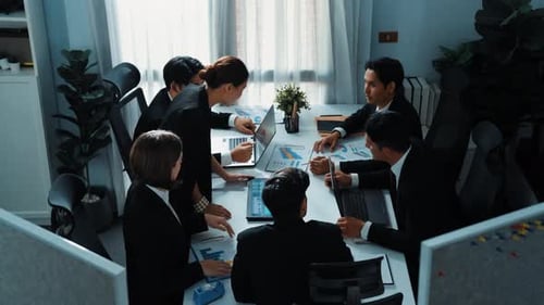 Top view of diverse business people brainstorm marketing idea. Directorate.