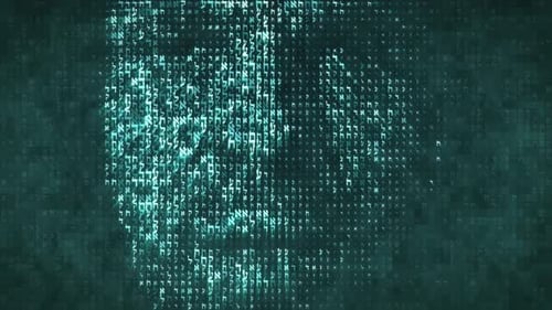 A computer screen with a Hebrew code in the shape of a talking man's head