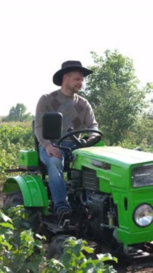A Man Rides a Bright Green Tractor in a Sunny Agricultural Setting with Vibrant Landscapes