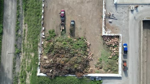 Overhead aerial of garbage disposal centre for garden waste in Canada