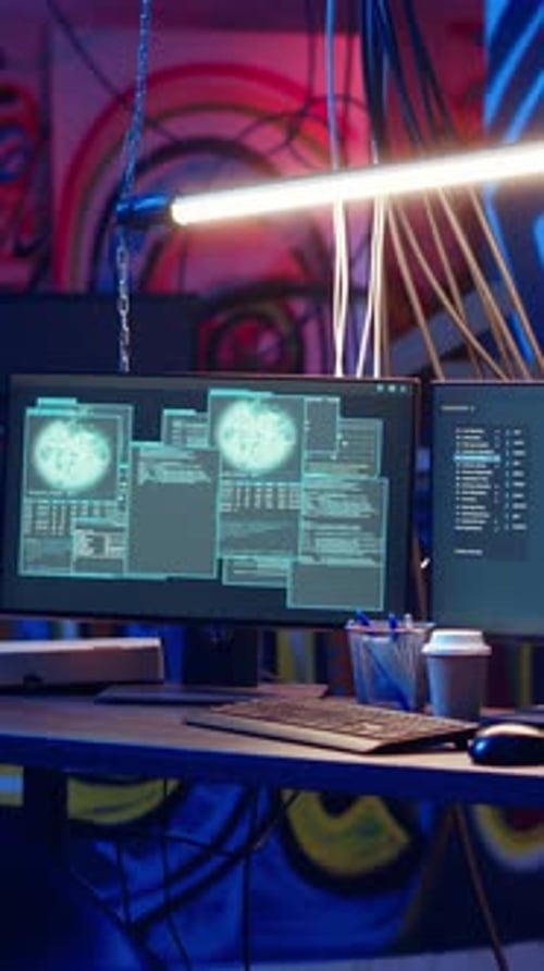 Desk Setup with Dual Monitors Displaying Data