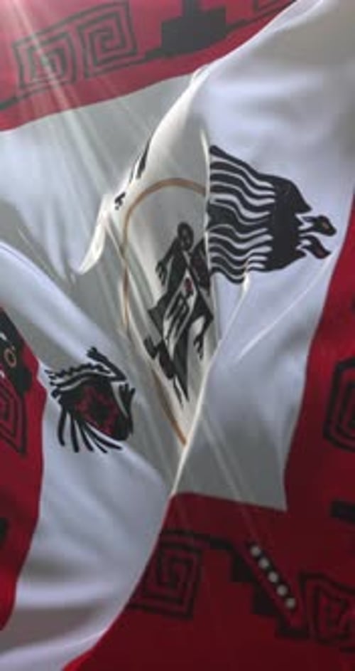 Waving Vertical Flag with Stylized Cultural Patterns