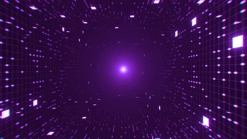 Seamless looped abstract tunnel with glowing neon dots and grid lines, animated